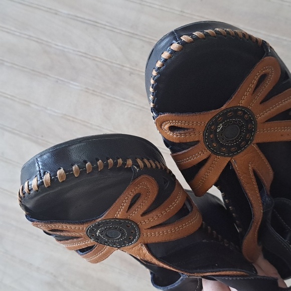 Spring Step Amuna Leather T-Strap Navy Floral Design Wedge Heel Comfy Sandals - Picture 5 of 12